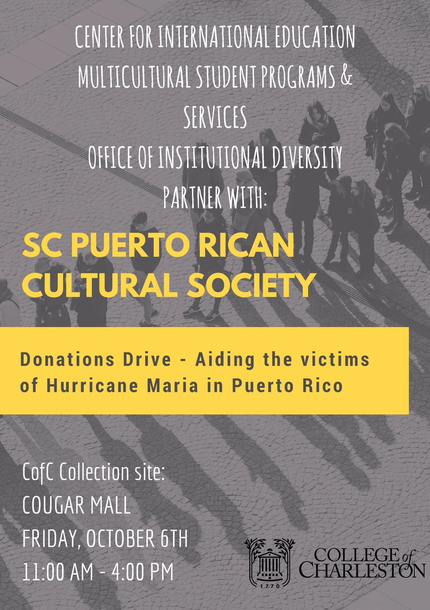 MulticulturalSt's tweet photo. Donation drive for victims of Hurricane Maria in Puerto Rico this Friday in Cougar Mall 11-4. Link to needed items https://t.co/mGjZVqUBI2 https://t.co/2WDd2YkTZm
