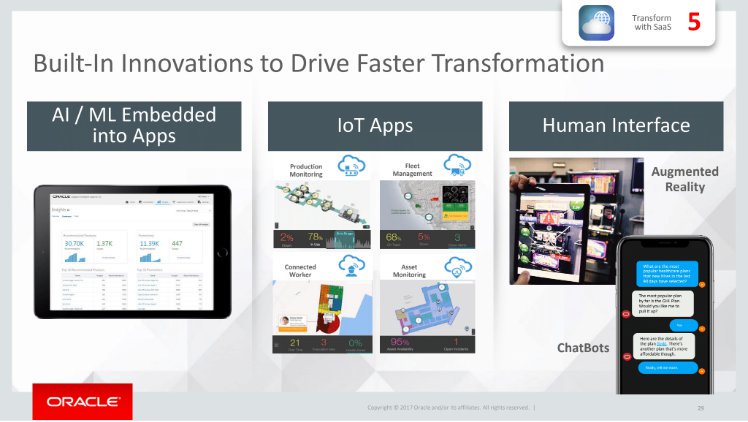OracleAIWorld's tweet photo. Donatelli: Built-in innovations drive faster transformation—AI, machine learning, IoT apps, human interface. https://t.co/sdz06e6eMk #oow17 https://t.co/Be1RG81RqC