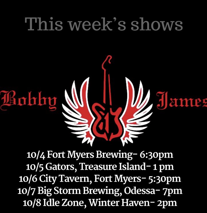 MusicBobbyJames's tweet photo. This Week’s Schedule! Hope to see ya out ;)! #bobbyjamesmusic #fmbrewing #gatorscafeandsaloon #citytavern #bigstormbrewing #idlezone #tebmw https://t.co/QFZxQGKF32