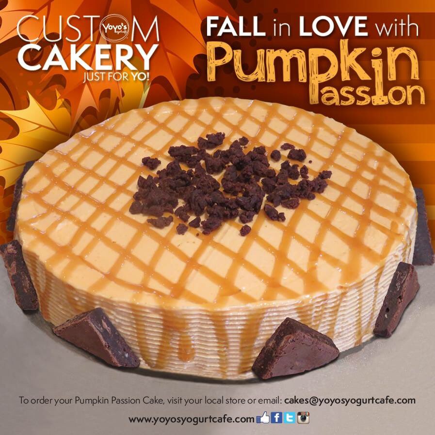 yoyosyogurt's tweet photo. We've got the #perfectdessert for YO #thanksgivingdinner, #fallinlove with #PumpkinPassion! #customcakery #justforYO https://t.co/q5ovALNXk2