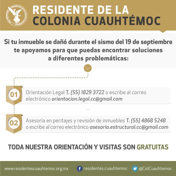 ColCuauhtemoc's tweet photo. ¿Tu inmueble resultó afectado con el sismo del 19 de septiembre? Podemos asesorarte sin costo alguno. https://t.co/Gdtg0SONbe