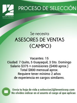 LeventiCorp's tweet photo. ¿Tienes experiencia en ventas (campo)? ¡Aplica a nuestros procesos de selección, buscamos ASESORES DE VENTAS en Quito, GYE y Sto. Domingo! https://t.co/Qyx7Ft5IYa