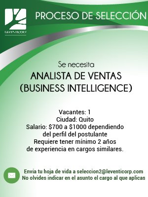 LeventiCorp's tweet photo. ¿Tienes experiencia en ventas (campo)? ¡Aplica a nuestro proceso de selección, buscamos un ANALISTA DE VENTAS (Business Intelligence)! https://t.co/Cahjw2CH8n