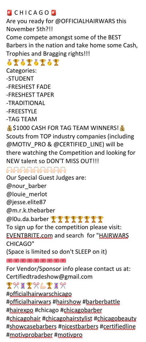 TheAListFirm's tweet photo. 🚨 Nov 5th!🚨

#officialhairwars #hairshow #barberbattle #hairexpo #certifiedline #motivpro #hair #makeup #chicago #barber #beauty #eyebrows https://t.co/5dsGMrG0Td