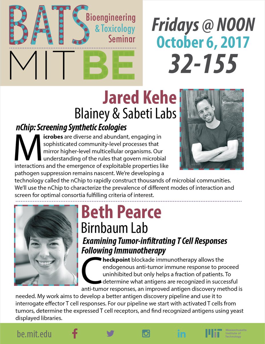 MITdeptofBE's tweet photo. First BATS of Fall Term 2017 on 10/6! J Kehe & B Pearce https://t.co/HqCBtHrOcl #microbes #nChip #immunotherapy #TCellResponses https://t.co/FJzZMK9b0r