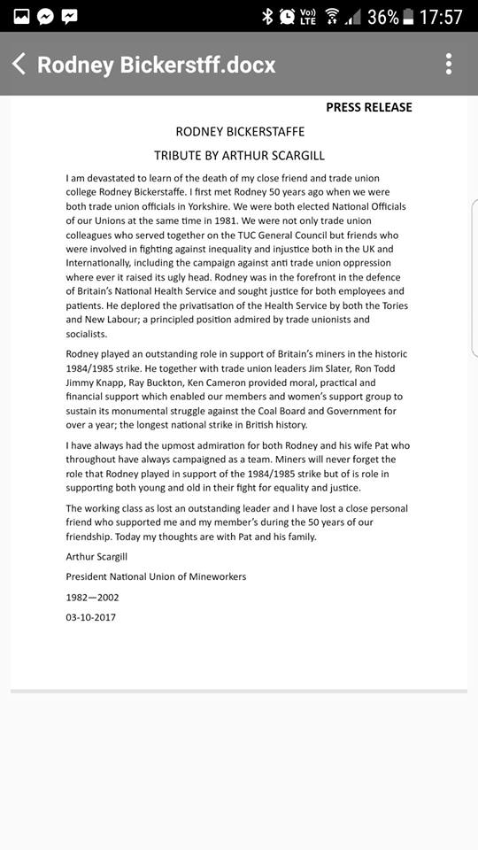 Rodney Bickerstaffe - A Tribute by Arthur Scargill
