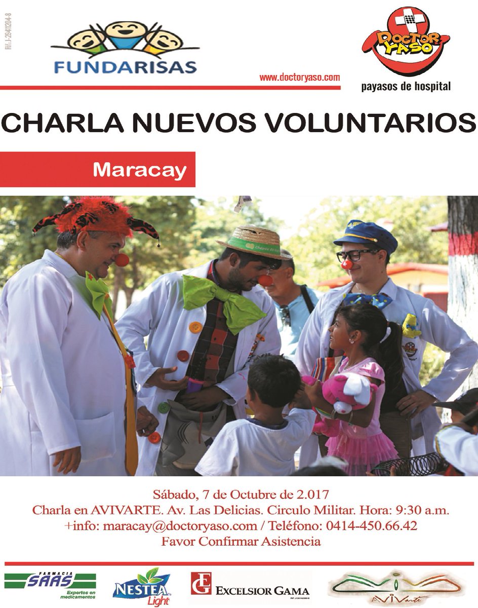 FUNDARISAS's tweet photo. Este 7 de octubre, asiste a nuestra Charla para Nuevos Voluntarios de @DoctorYaso #PayasosDeHospital #Maracay en @AVIVARTEMCY. Te esperamos https://t.co/4GHL54oXgs