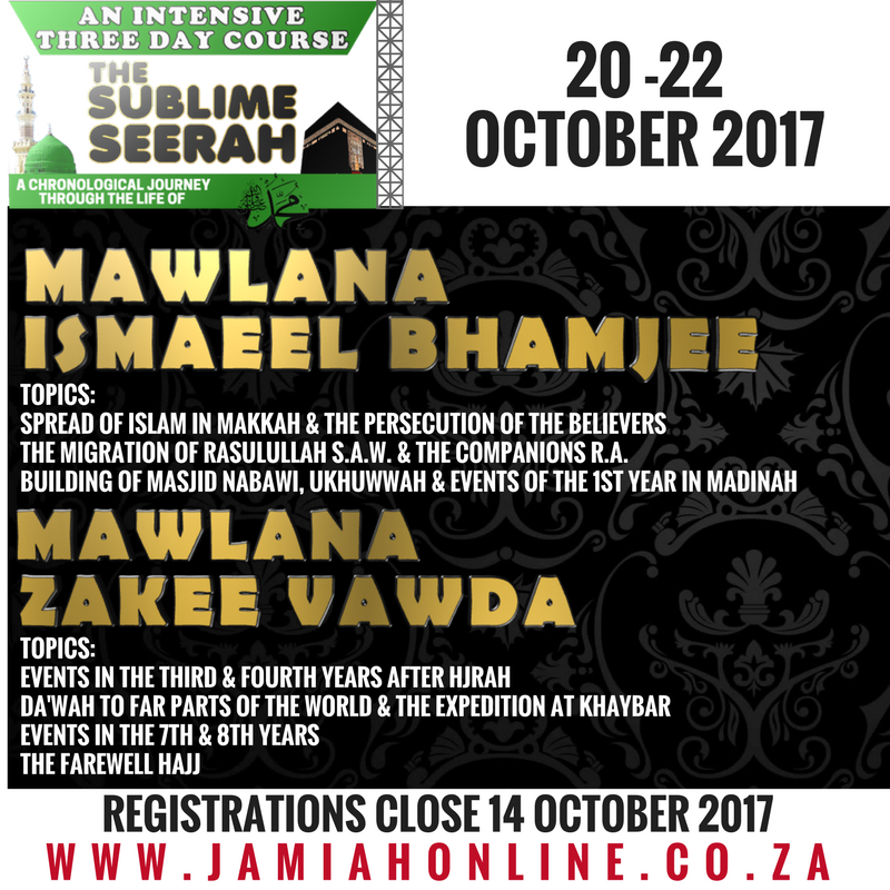 jamiahonline's tweet photo. Seerah Course Lecturers 

Mawlana @zakee_vawda 
Mawlana Ismaeel Bhamjee https://t.co/uewyidCf6D