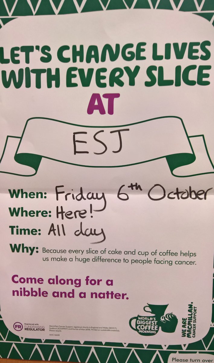 The Science Department is hosting a #mcmillancoffeemorning for staff this Friday. Bring a fork! 😊