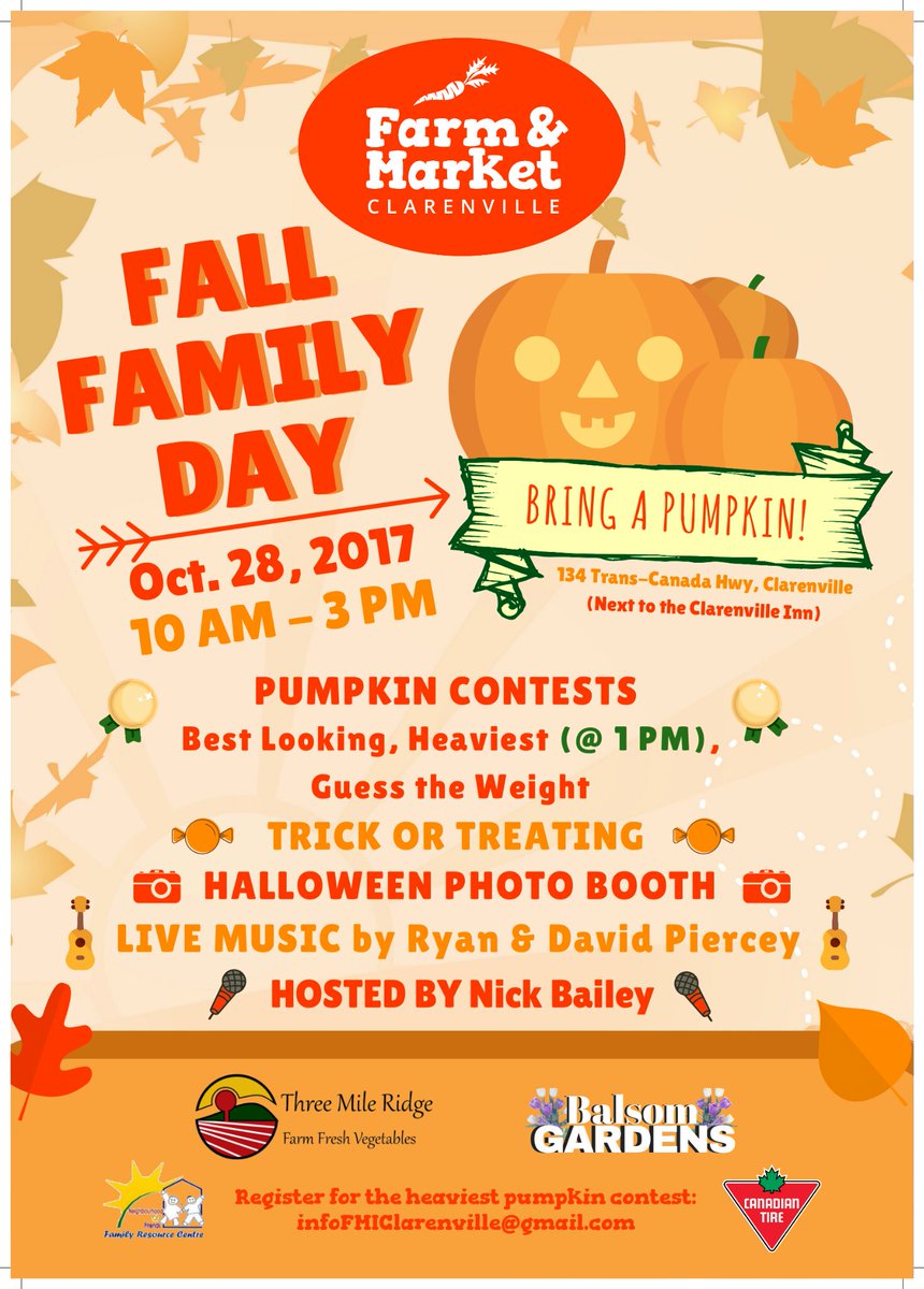 FMIClarenville's tweet photo. Fall Family Day @ the Farm & Market! Pumpkin contests, trick or treating, live music, vendors, and more! #fallfamilyday @ClarenvilleTown https://t.co/zWPSmNKfIU