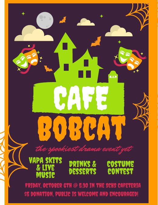 Come check out our annual Cafe Bobcat! An evening of dessert, entertainment, and the announcement of the Winter Musical!!