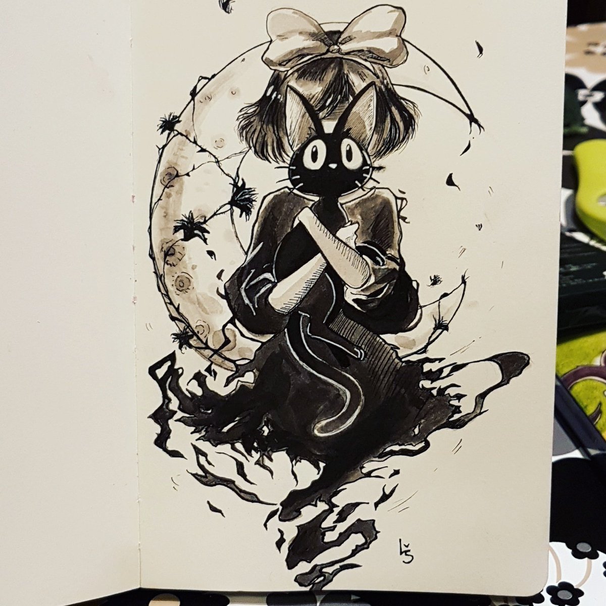 Phloxnova's tweet photo. Three days behind on Inktober, but I'm trying. Day 1 - Witch #inktober #inktober2017 #kiki #kikisdeliveryservice #jiji #art #phloxnova https://t.co/Ppa0HiMrik