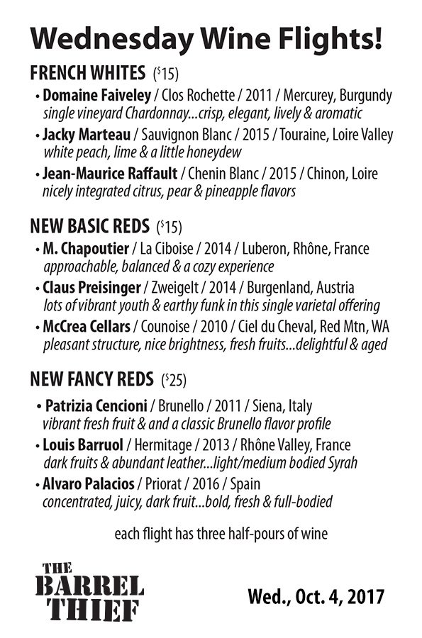 WEDNESDAY WINE FLIGHTS / tomorrow at The Barrel Thief!