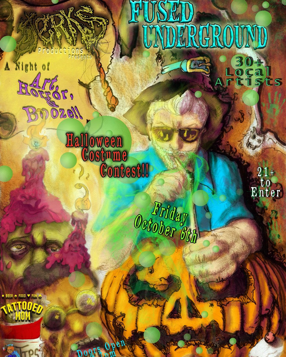 JERKSProduction's tweet image. #PUFF2 may be over but we are still going! Join us at @tmoms for #FusedUnderground a night of #Art #Horror &amp;amp; #Booze!