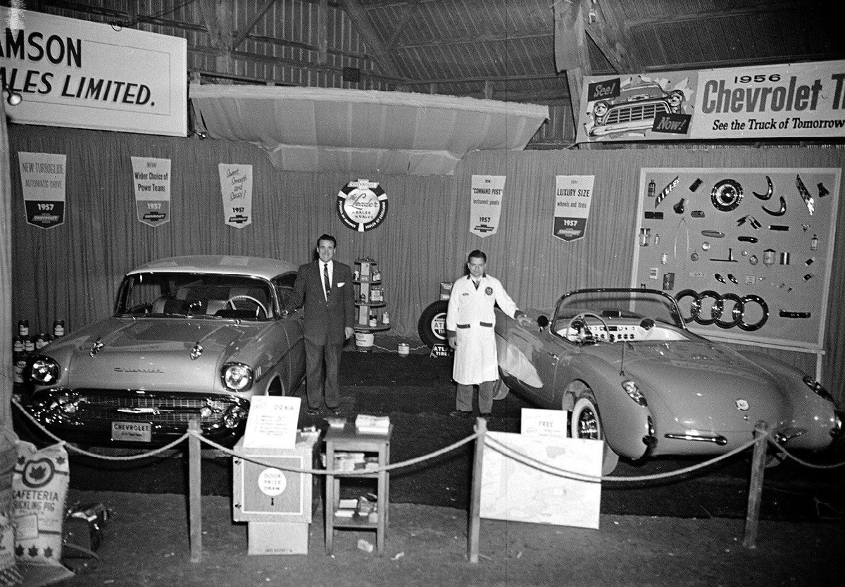 Peter Hvidsten shared a great memory with us: Alex Williamson &amp; Mel Paul showing off new cars at the 1957 Uxbridge Kiwanis Trade Show