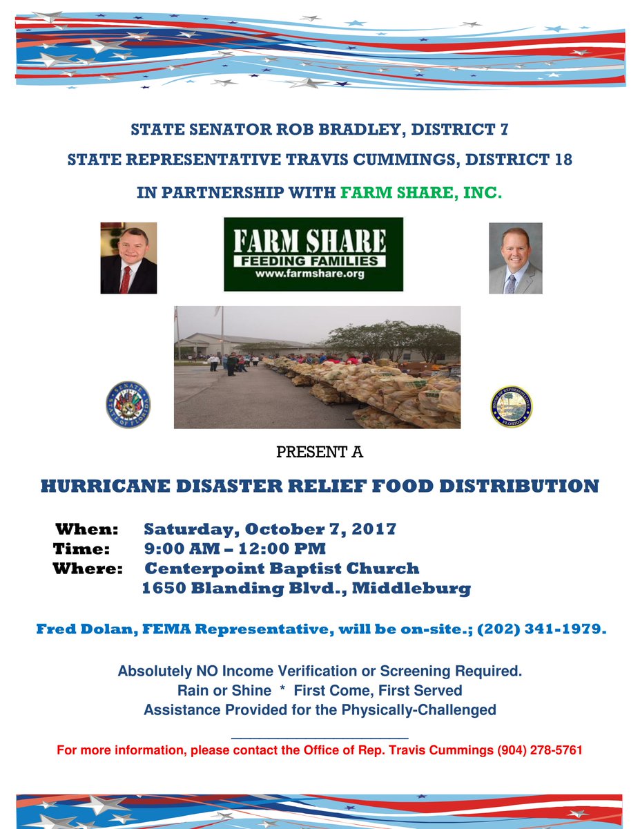 Hurricane Disaster Relief Food Distribution this Saturday, October 7th, 9 AM - 12 PM.