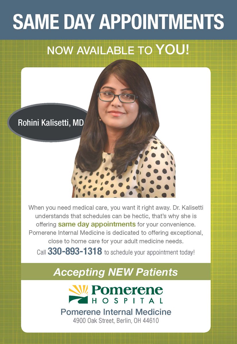 PomereneHosp's tweet photo. Dr. Kalisetti is now offering SAME DAY APPOINTMENTS at Pomerene Internal Medicine! #AdultMedicine #PomereneHealth #SameDayAppt #InternalMed https://t.co/RdlcjZvkra