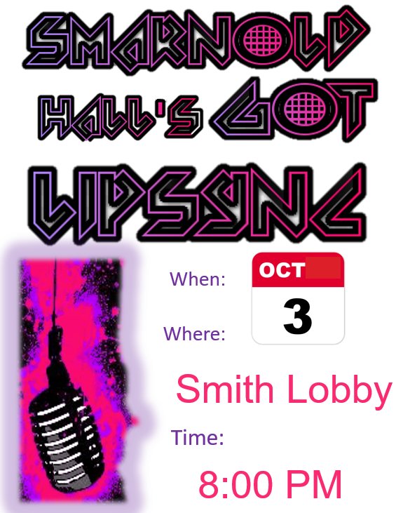 ArnoldSmithTXST's tweet photo. A Reminder that today is the Smarnold Hall's Got LipSync at 8 PM
(if you still haven't signed you can still do so until we start) #Smarnold https://t.co/9z8Ayduzgs