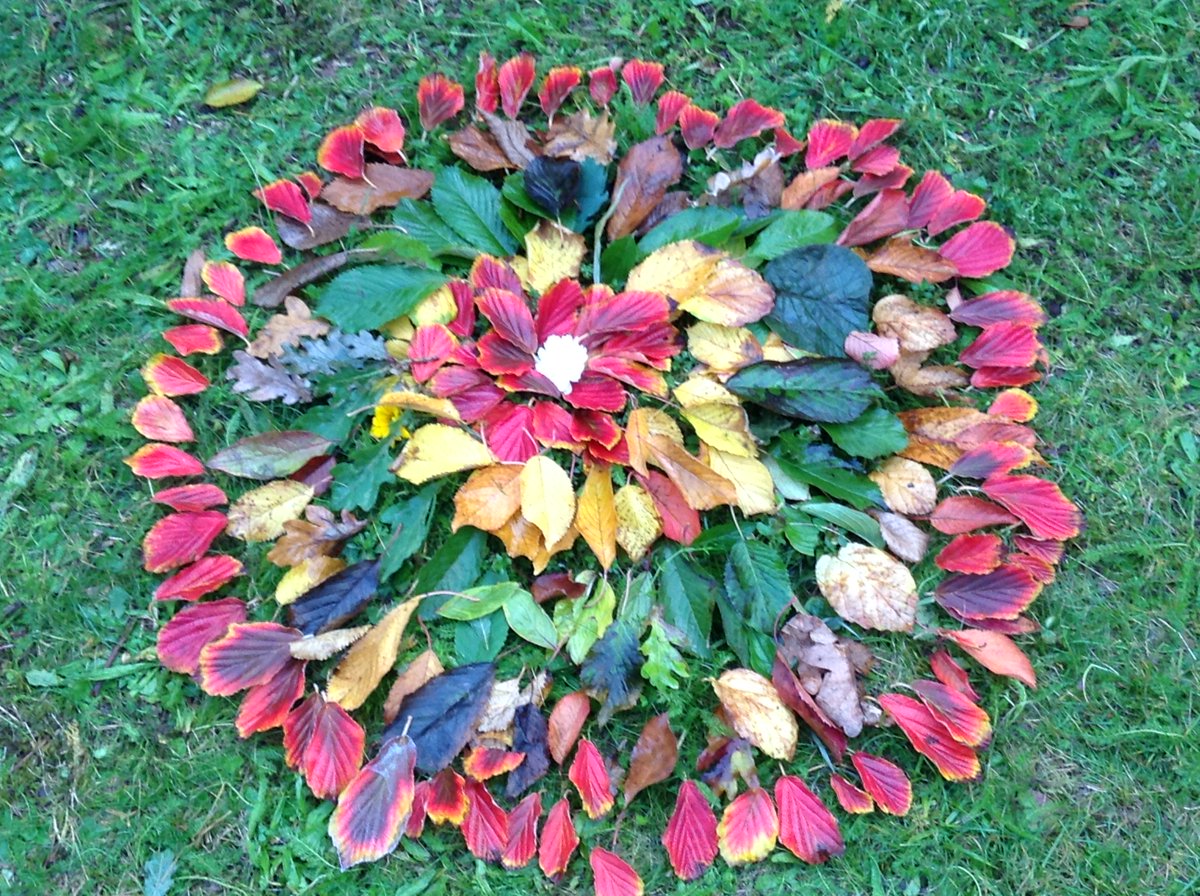 Creating a beautiful #Mandala with #autumnleaves with grade 2 students during the "Art is in nature" unit #outdoorlearning #EAL
