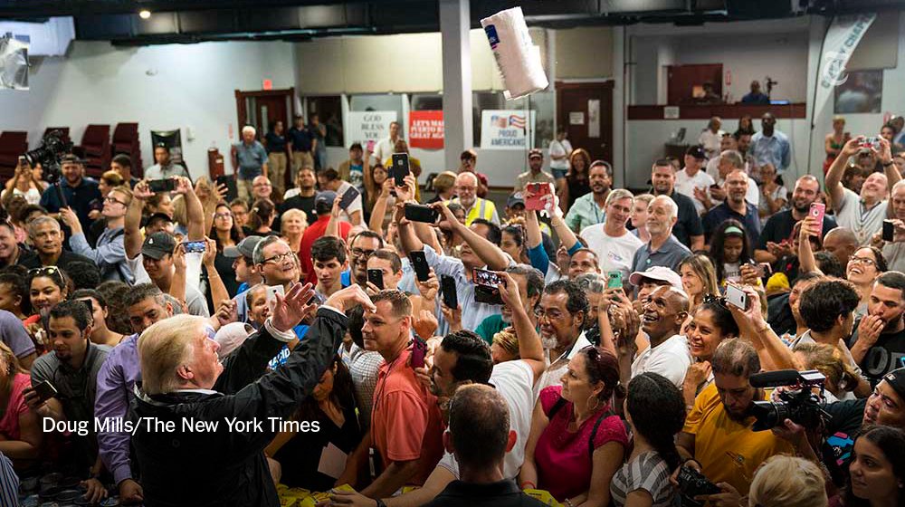 nytimes's tweet photo. On his first trip to Puerto Rico since Hurricane Maria, President Trump tossed rolls of paper towels to locals https://t.co/i833H1jkof https://t.co/FBV0byZd6d