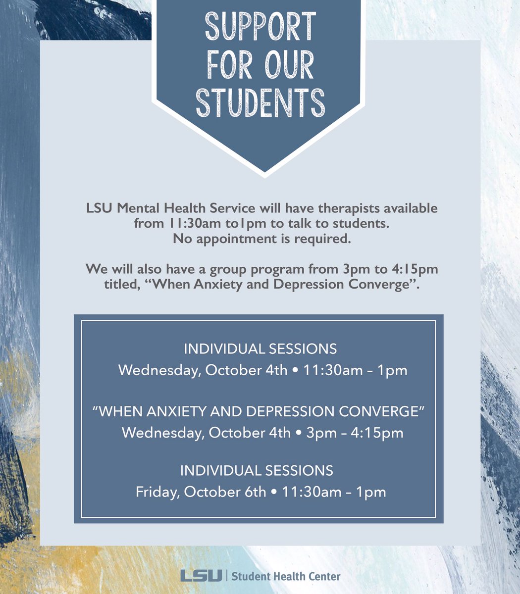 LSUHealthCenter's tweet photo. LSU MHS has a team of specialists that can you help you identify &amp; deal with difficult emotions while trying to manage academic demands https://t.co/VVxUy27O76