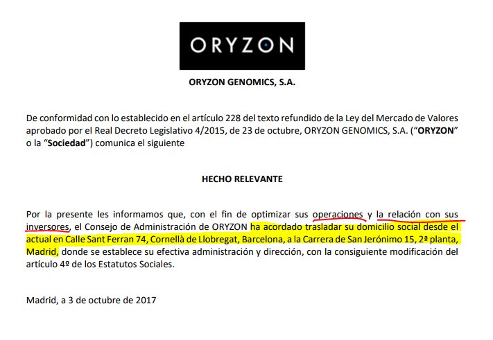 miquelroig's tweet photo. 21.14h >> Hecho relevante en la CNMV. Oryzon Genomics (60 millones de euros de capitalización) traslada su sede de Barcelona a Madrid https://t.co/iLxPkkvUbn