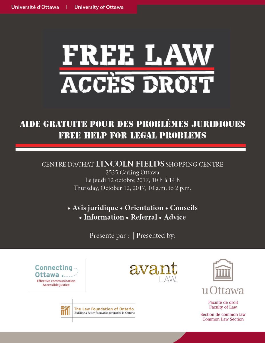 dwwiseman's tweet photo. We're baaack! Free Law 2017 Lincoln Fields Mall, Thurs 12 Oct, 10AM-2PM @uocommonlaw @uoA2Jlab @AvantLawLLP @connectottawa @LawFoundationOn https://t.co/vPXlsXzSxt