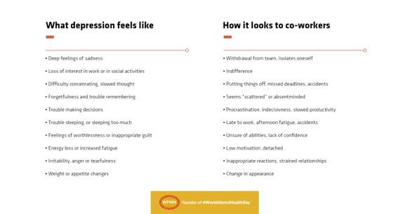 WMHDay's tweet photo. Don't wrongly judge colleagues as lazy when they may be struggling with #mentalhealth issues such as #depression. https://t.co/IcTn0lBrbo