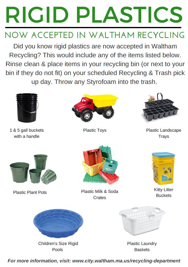 CityofWaltham's tweet photo. A reminder that rigid plastics are now accepted in #Waltham recycling! See more info in our brochure here: https://t.co/N9d3sNpxEN https://t.co/gXdMsSKZax