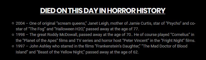 PlentyDreadful's tweet photo. #TodayInHorror - Actors/actresses, writers/directors etc. that died October 3rd. #Deaths #Horror (credit: https://t.co/xT1GJUJ6W3) https://t.co/RZZoilsITQ