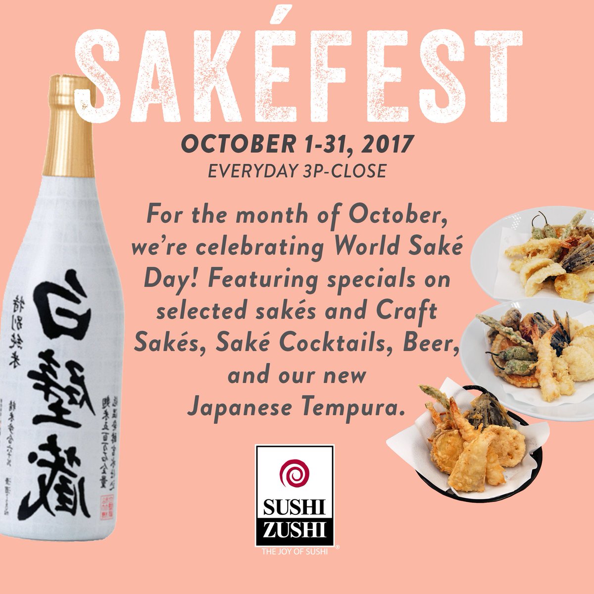 sushi_zushi's tweet photo. In honor of World Sakรฉ Day, October we're having Sakรฉ Fest at all locations ! 3pm-Close all month! #WorldSakeDay #SakeFest https://t.co/CqmLYoECSN