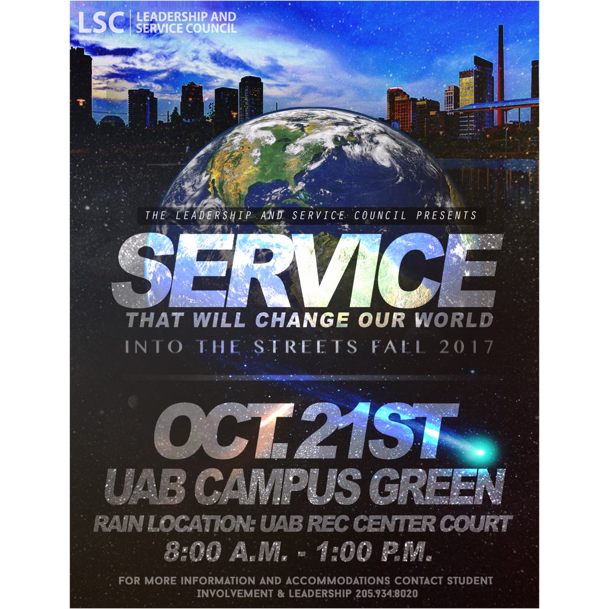 UABLSC's tweet photo. Join Us For Service That Will Change Our World • Into The Streets • 10.21.17
#ITSFall17 #UABLSC #Service https://t.co/zpo4JR5CDj