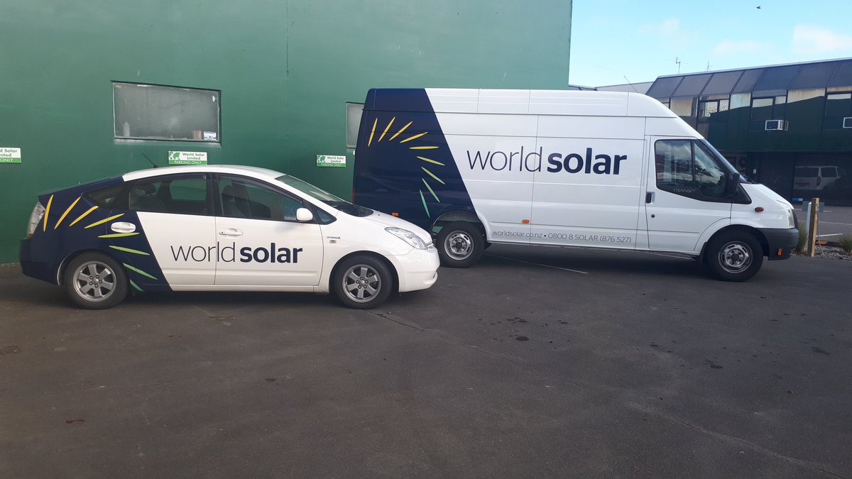 WorldSolarNZ's tweet photo. We're pleased to show off our new look and #hybrid car hitting the road. Give us a wave if you spot the new vehicles! 🖑🖐👋 #WorldSolarNZ https://t.co/IkPnrM59Zt