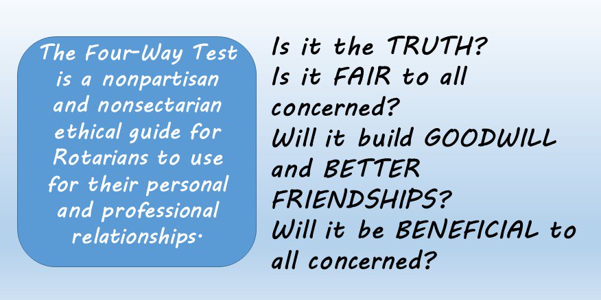 rtbraley_rotary's tweet photo. What is so important about the @RotaryWorld1 4-way test? It's applies to every area of life - career, community, family! https://t.co/UAvq74Pn69