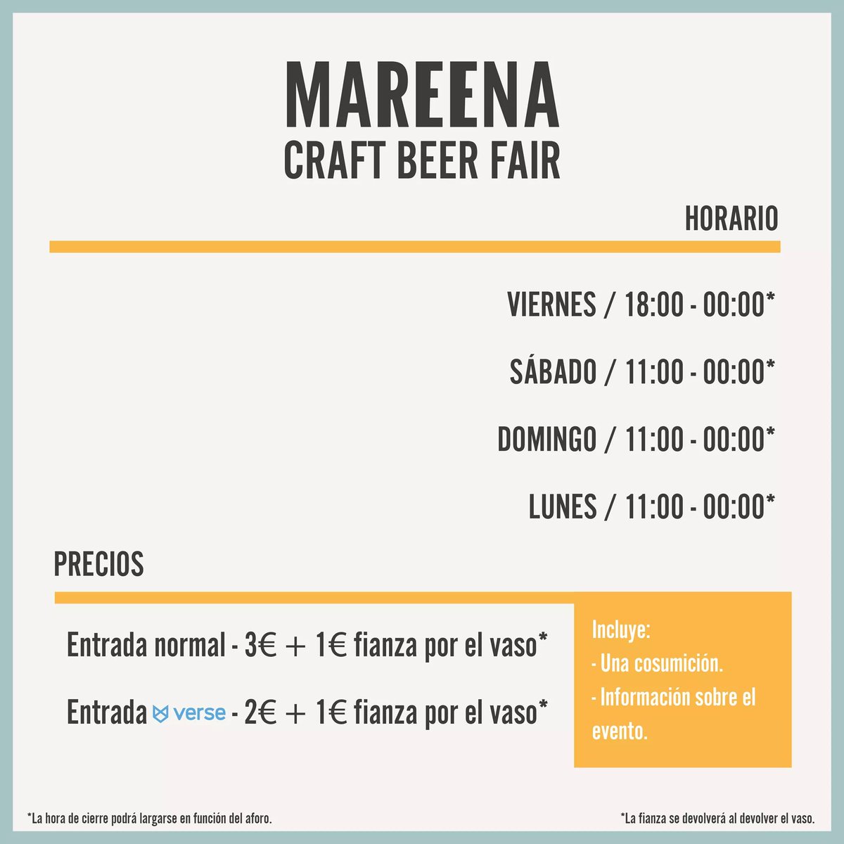 🍻El acceso al evento ES LIBRE, comenzar a consumir tiene un coste de 3€,con la App Verse disfrutarás de 1€ de descuento en la entrada🍻