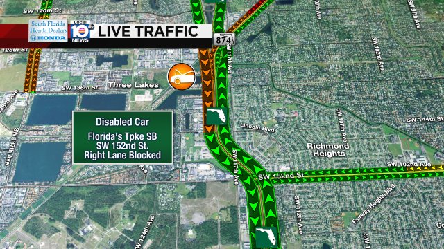 DISABLED CAR: Florida's Tpke SB & SW 152nd St. A right lane is blocked. #TRAFFIC #MIAMI https://t.co/j6P1lTqdMt