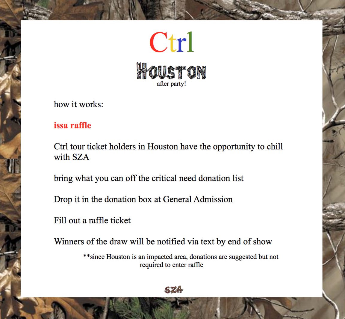 sza's tweet photo. HOUSTON TNT WILL BE SPECIAL !!!! COME THRUUUU #CTRLTOUR 💗💗💗💗🙏🏾 https://t.co/TT3lrmKSa9