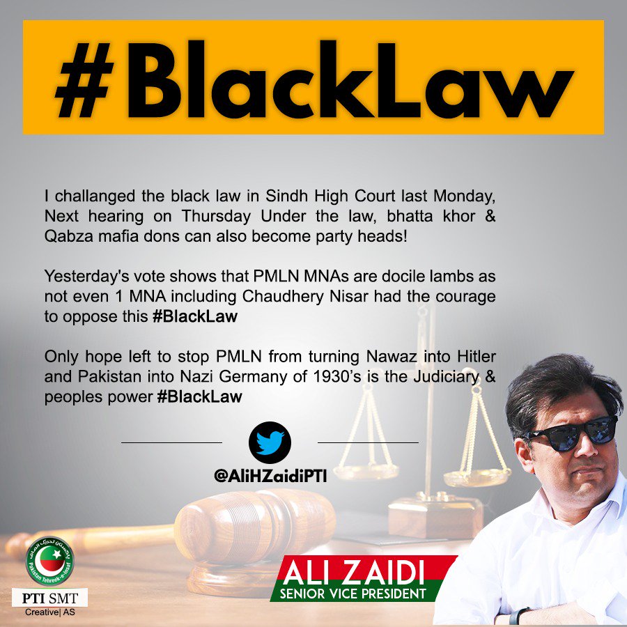 PTI_KHI's tweet photo. Senior vice president of PTI @AliHZaidiPTI challanged  #BlackLaw in Sindh High Court. https://t.co/bu3n8qho02
