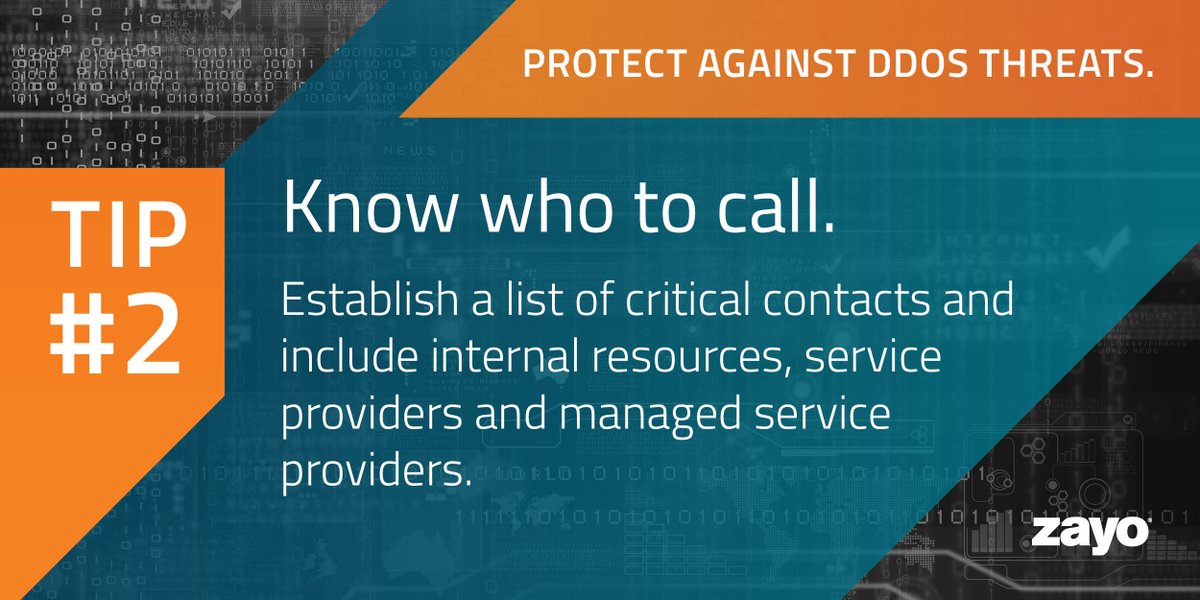 ZayoGroup's tweet photo. #DDoS protection tip #2: Knowing who to call when a threat occurs can help protect your network faster: https://t.co/ZOm3LlYyzP https://t.co/e3zRjsbF1S