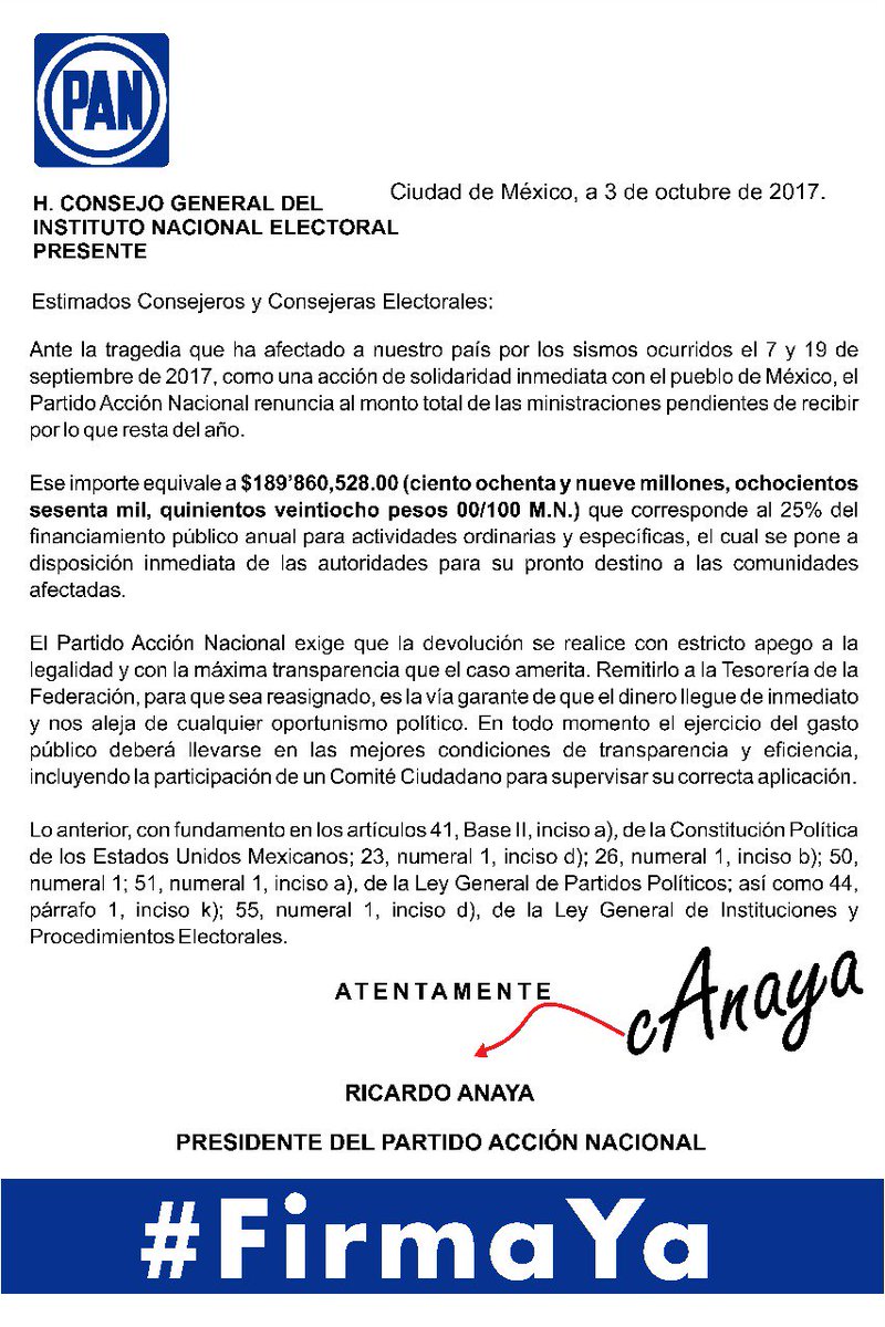 Seguimos esperando que <a href="/Ale_BarralesM/">Alejandra Barrales</a>  <a href="/lopezobrador_/">Andrés Manuel</a>  <a href="/RicardoAnayaC/">RicardoAnayaC</a> renuncien a su financiamiento. ¡Nosotros ya lo hicimos!  #FirmaYa