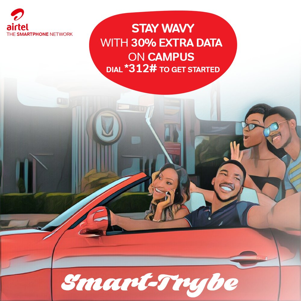 AirtelNigeria's tweet photo. Stay wavy with 30% EXTRA data when you subscribe to data bundles of N500 and above on campus! Dial *312# to join in! #SmartTrybe https://t.co/vnPyjIUZVX