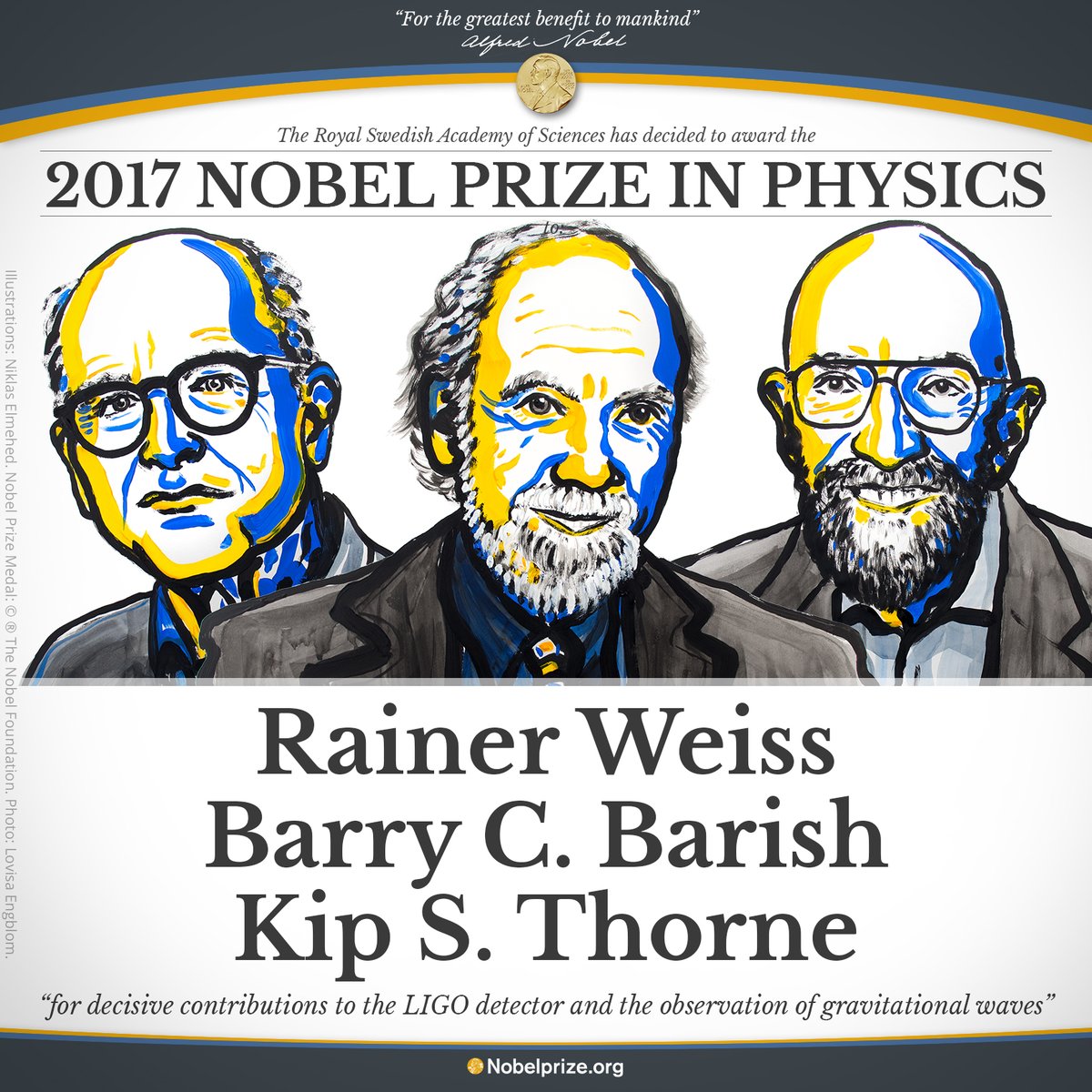 LIGO's tweet image. The 2017 @NobelPrize in Physics is awarded to @LIGO scientists Rainer Weiss, Barry C. Barish and Kip S. Thorne of @MIT and @Caltech!