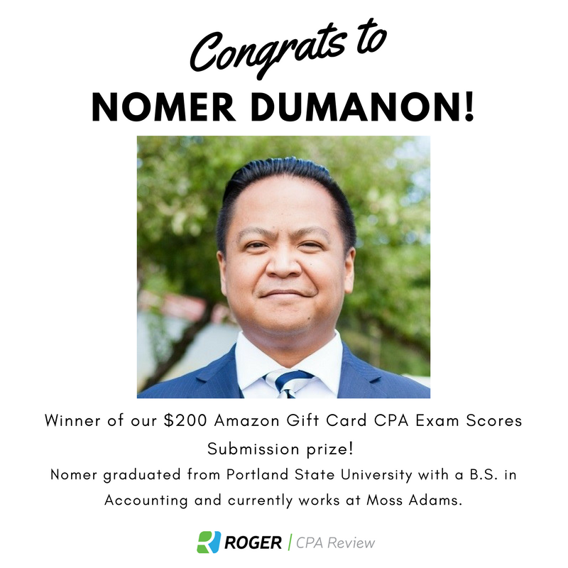 UWorldAcctng's tweet photo. Congrats to our CPA Exam Score Submission winner, Nomer Dumanon! Thanks to all who participated! #scorerelease #hellocpa https://t.co/gxa7p6o6hw