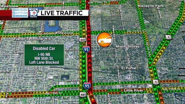 DISABLED CAR: I-95 NB & NW 95th St. A left lane is blocked. #TRAFFIC #MIAMI https://t.co/NsJAH800CK