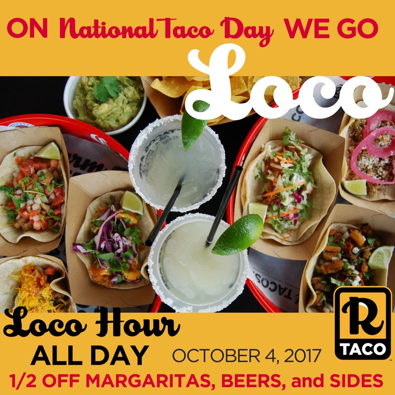 RustyTacoDenton's tweet photo. Tomorrow is National Taco Day! Loco Hour all day long.  1/2 off Margaritas, Beer and Sides  #Nationaltacoday #rustytacodenton  #locohour https://t.co/i1R6isM1Ug