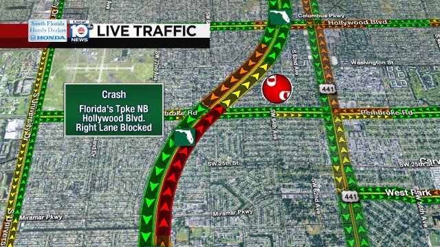 CRASH: Florida's Tpke NB & Hollywood Blvd. A right lane is blocked. #TRAFFIC https://t.co/xCLZUp1mJr