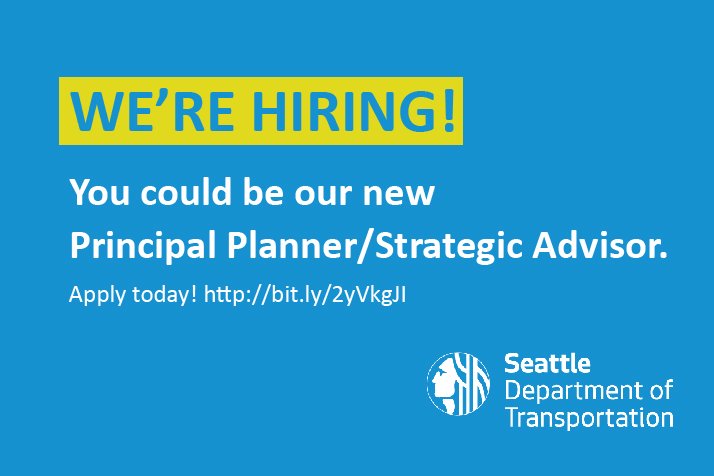 seattledot's tweet photo. SDOT IS HIRING!
You could be our new Principal Planner.
Is this you? Know someone? #JoinSDOT
Apply today! https://t.co/yOKvEkbLUF https://t.co/SC1GRMK1ro