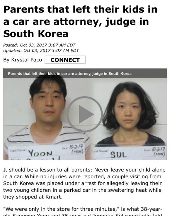Image result for Parents that left their kids in car are attorney, judge in South Korea