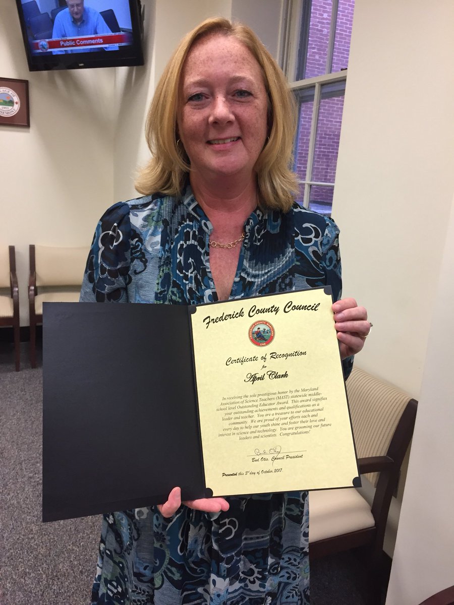 FCPSMSDirector's tweet photo. Congrats to OMS tchr April Clark 4 being selected as Md Sci Tchr of the yr! Thks 2the Fred Co Council 4 honoring her today. @principalmita https://t.co/vYydHAHz0O