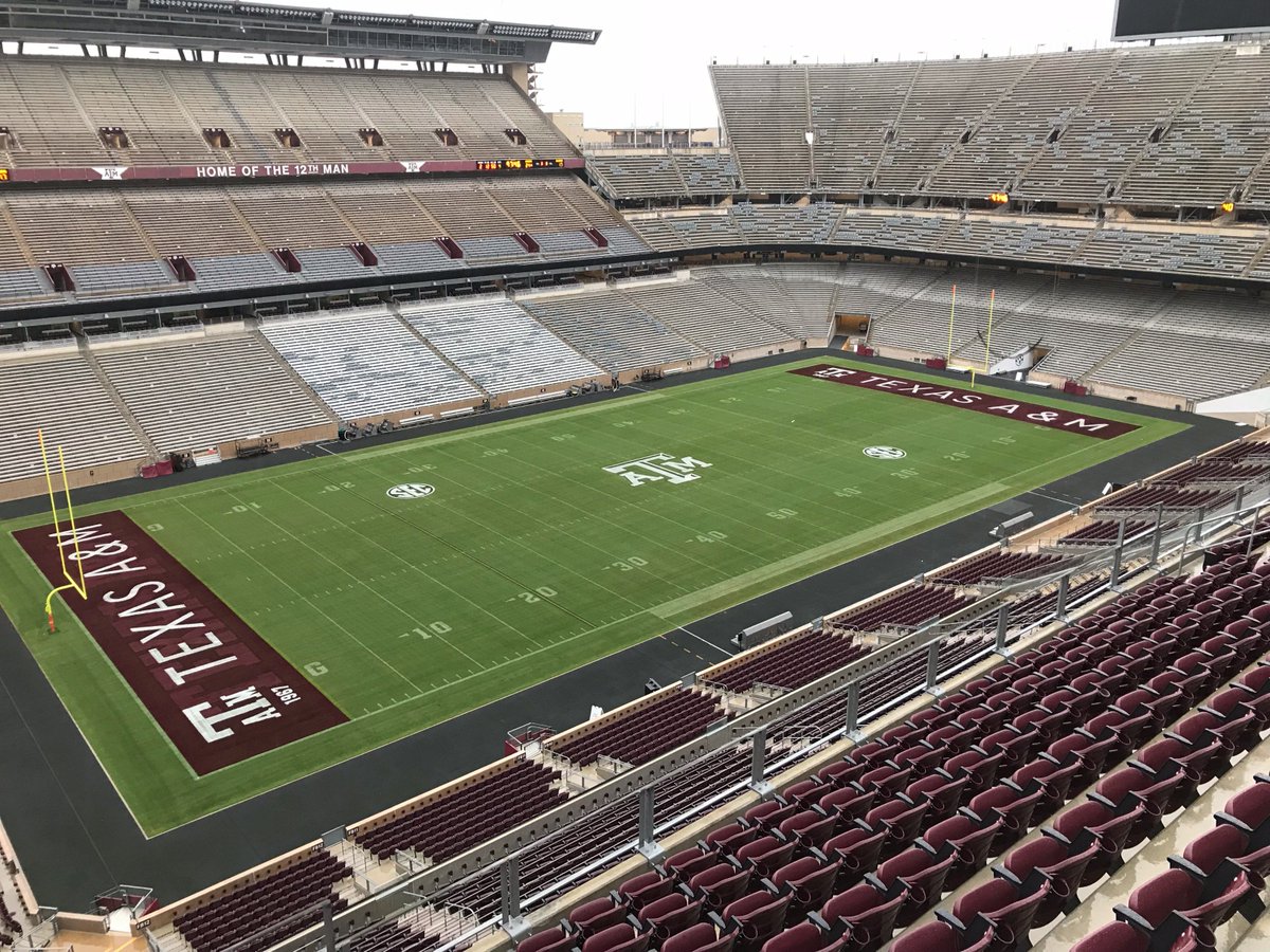 AggieFootball's tweet photo. First coat of paint is on, as Kyle Field honors the great Gene Stallings and his ‘67 SWC Champions--who are reuniting this weekend #12thman https://t.co/EHVvC2RJI4
